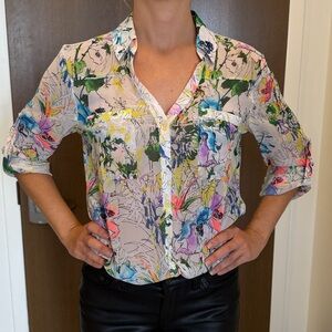 EXPRESS PORTFOLIO Sheer Vibrant Floral Button Down Shirt with Adjustable Sleeves